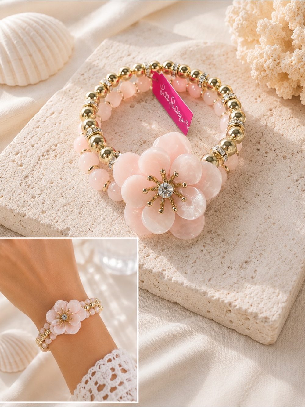 Lilly Pulitzer $58 Pink Flower Bloom Beaded Bracelet statement cute fashion Y2K